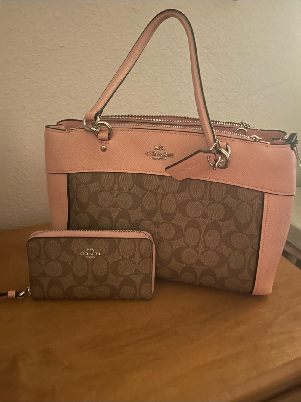 Coach Brown Signature Canvas Tote with Pink Trim and Matching Wallet